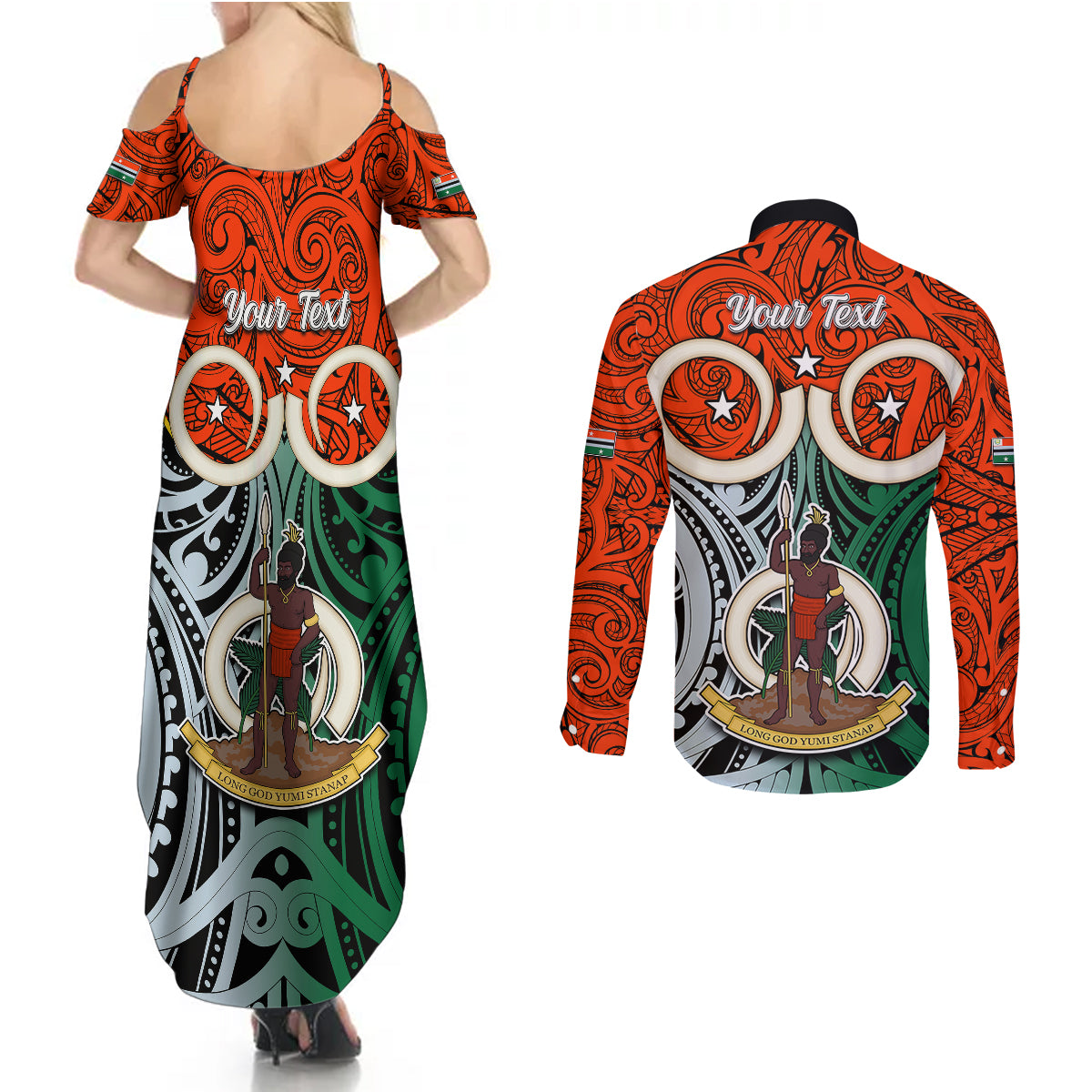 Personalised Vanuatu Penama Province Couples Matching Summer Maxi Dress and Long Sleeve Button Shirts Pig Tusk Mix Maori Pattern and Namele Leaf LT03 - Polynesian Pride