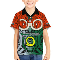 Personalised Vanuatu Penama Province Family Matching Off Shoulder Short Dress and Hawaiian Shirt Pig Tusk Mix Maori Pattern and Namele Leaf LT03 Son's Shirt Orange - Polynesian Pride