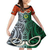 Personalised Vanuatu Penama Province Family Matching Summer Maxi Dress and Hawaiian Shirt Pig Tusk Mix Maori Pattern and Namele Leaf LT03 Daughter's Dress Orange - Polynesian Pride