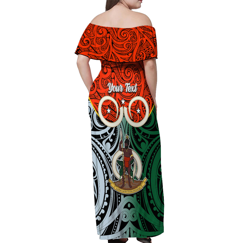Personalised Vanuatu Penama Province Off Shoulder Maxi Dress Pig Tusk Mix Maori Pattern and Namele Leaf LT03 - Polynesian Pride