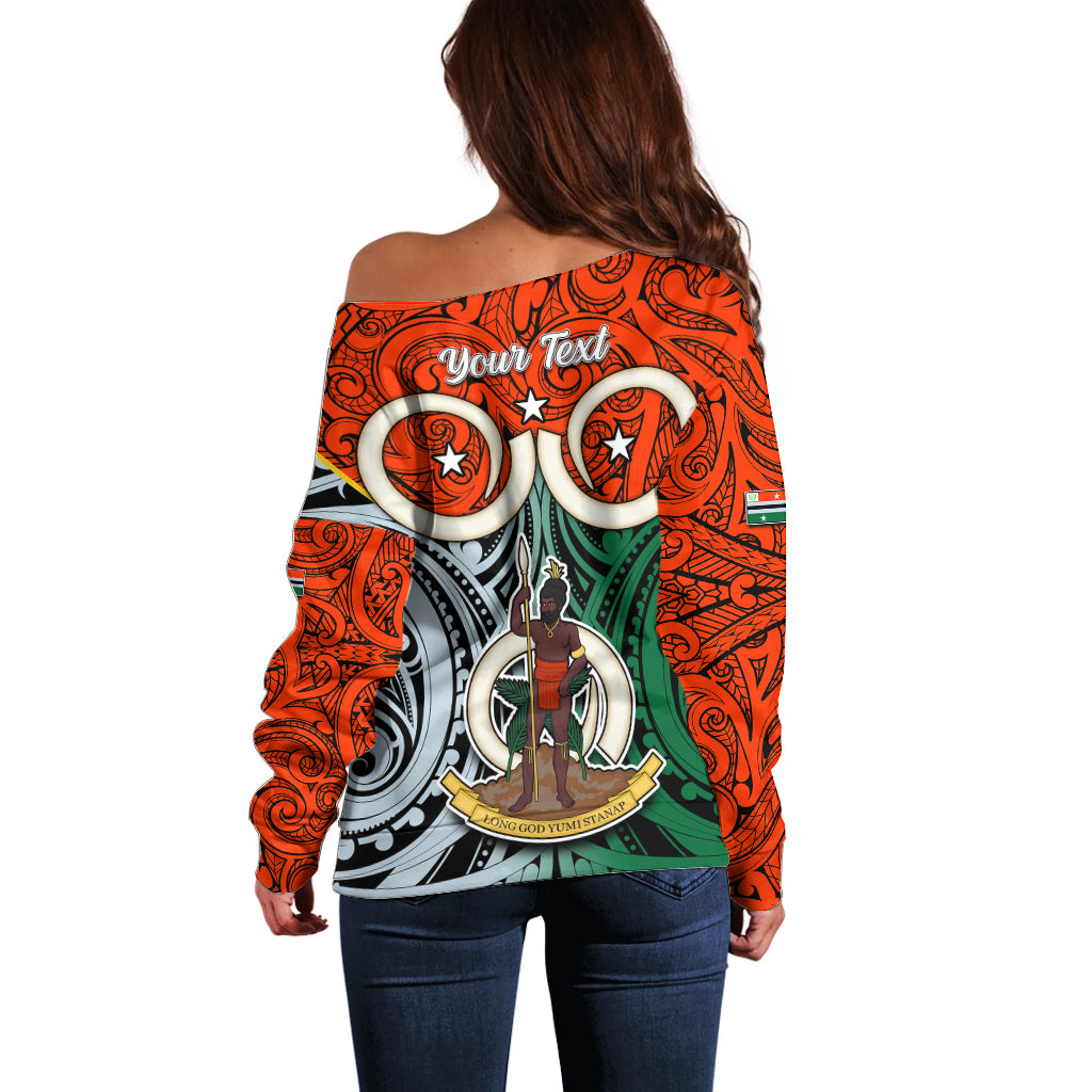 Personalised Vanuatu Penama Province Off Shoulder Sweater Pig Tusk Mix Maori Pattern and Namele Leaf LT03 - Polynesian Pride