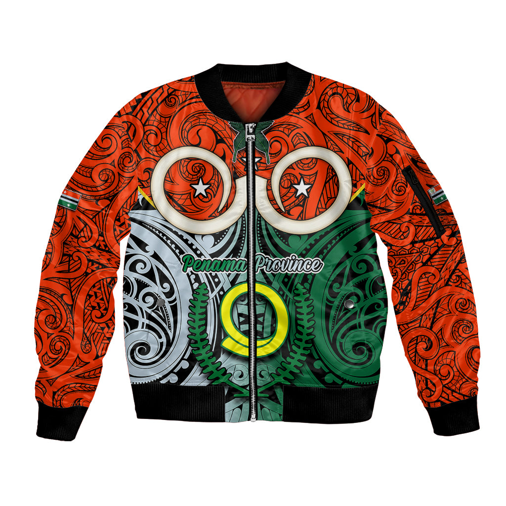 Personalised Vanuatu Penama Province Sleeve Zip Bomber Jacket Pig Tusk Mix Maori Pattern and Namele Leaf LT03 Unisex Orange - Polynesian Pride