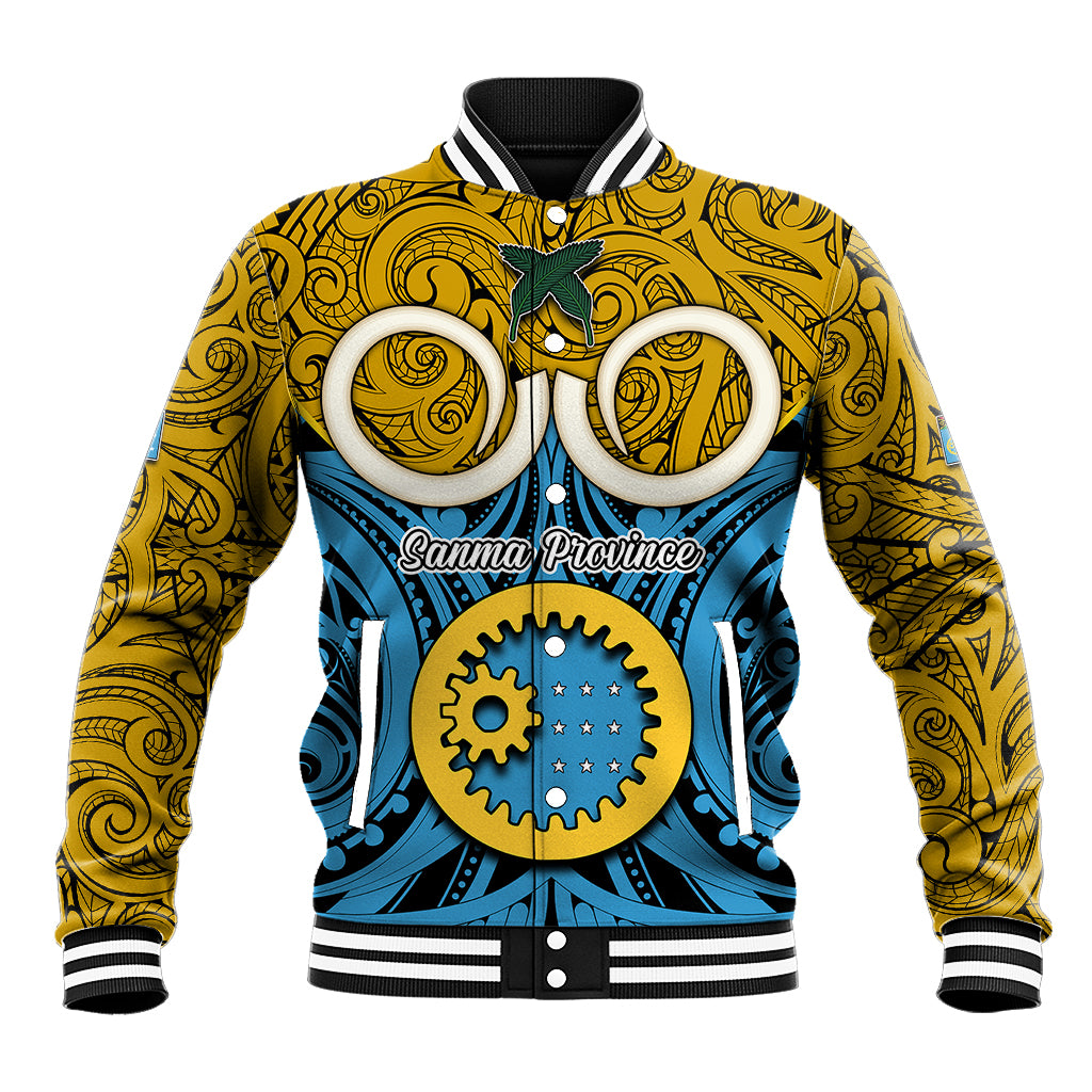 Vanuatu Sanma Province Baseball Jacket Pig Tusk Mix Maori Pattern and Namele Leaf LT03 Unisex Blue - Polynesian Pride