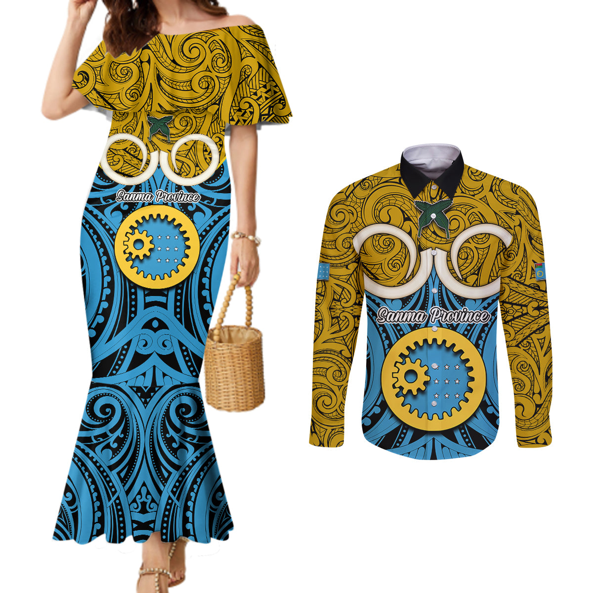 Vanuatu Sanma Province Couples Matching Mermaid Dress and Long Sleeve Button Shirts Pig Tusk Mix Maori Pattern and Namele Leaf LT03 Blue - Polynesian Pride