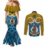 Vanuatu Sanma Province Couples Matching Mermaid Dress and Long Sleeve Button Shirts Pig Tusk Mix Maori Pattern and Namele Leaf LT03 - Polynesian Pride