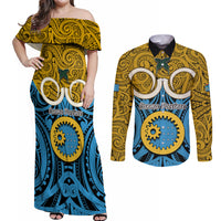 Vanuatu Sanma Province Couples Matching Off Shoulder Maxi Dress and Long Sleeve Button Shirts Pig Tusk Mix Maori Pattern and Namele Leaf LT03 Blue - Polynesian Pride