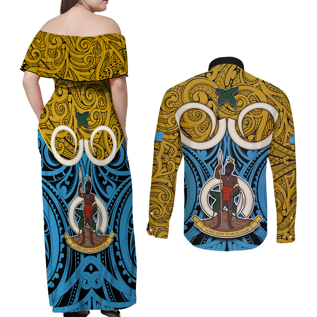 Vanuatu Sanma Province Couples Matching Off Shoulder Maxi Dress and Long Sleeve Button Shirts Pig Tusk Mix Maori Pattern and Namele Leaf LT03 - Polynesian Pride