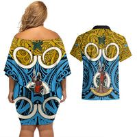 Vanuatu Sanma Province Couples Matching Off Shoulder Short Dress and Hawaiian Shirt Pig Tusk Mix Maori Pattern and Namele Leaf LT03 - Polynesian Pride