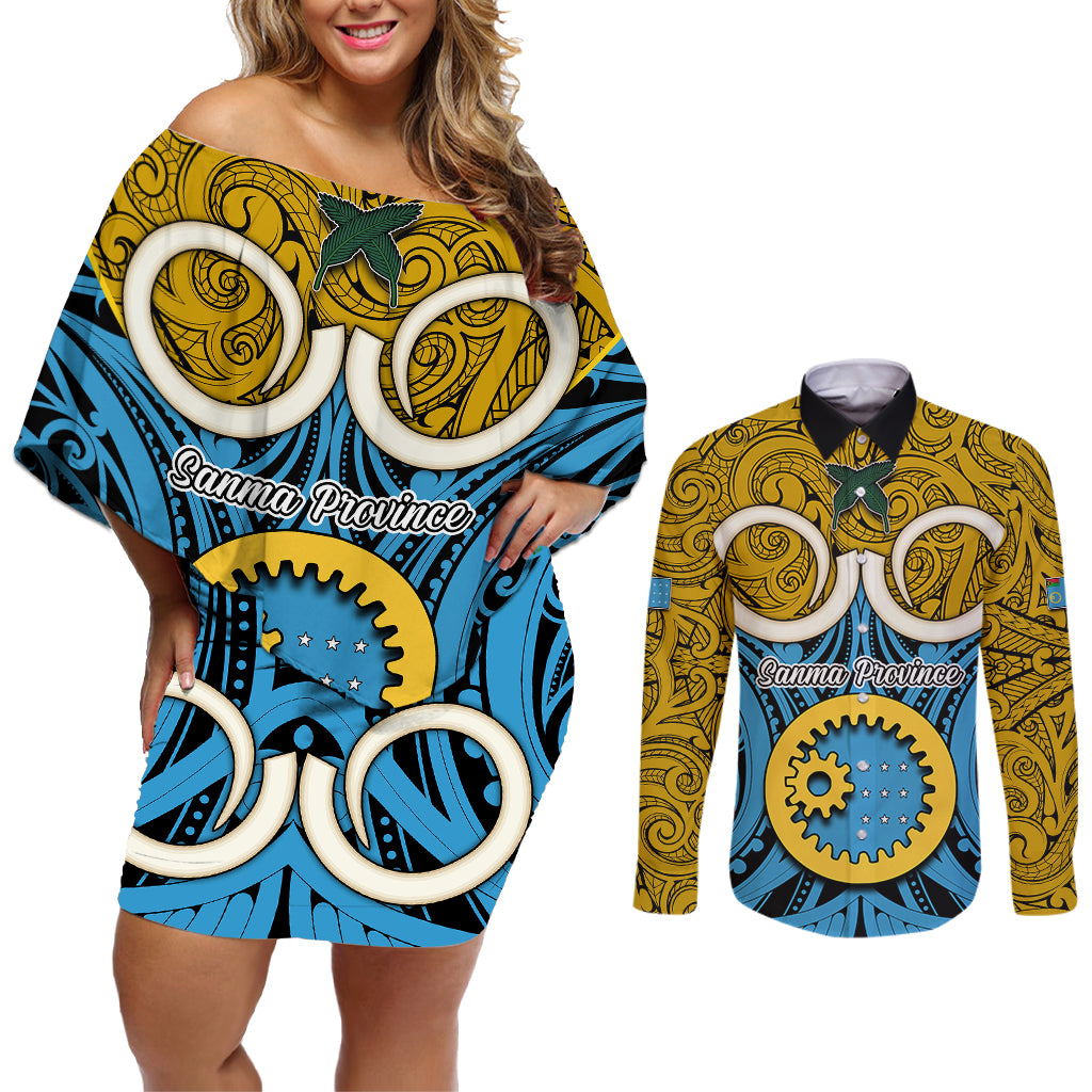 Vanuatu Sanma Province Couples Matching Off Shoulder Short Dress and Long Sleeve Button Shirts Pig Tusk Mix Maori Pattern and Namele Leaf LT03 Blue - Polynesian Pride