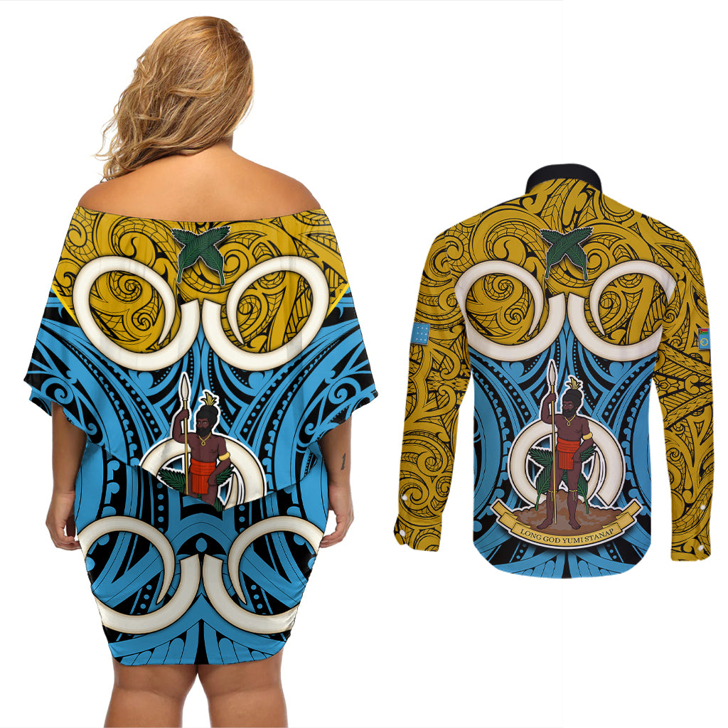Vanuatu Sanma Province Couples Matching Off Shoulder Short Dress and Long Sleeve Button Shirts Pig Tusk Mix Maori Pattern and Namele Leaf LT03 - Polynesian Pride