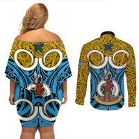 Vanuatu Sanma Province Couples Matching Off Shoulder Short Dress and Long Sleeve Button Shirts Pig Tusk Mix Maori Pattern and Namele Leaf LT03 - Polynesian Pride