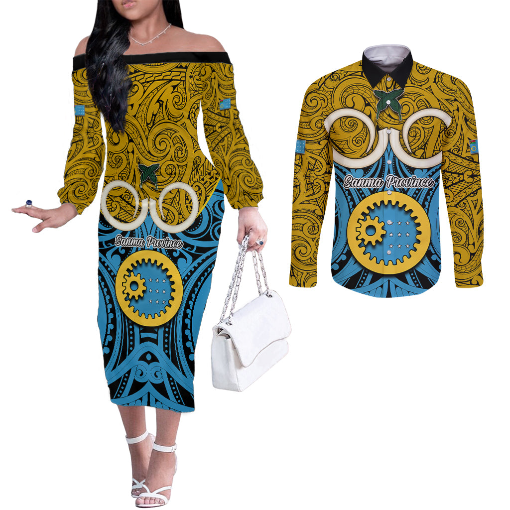 Vanuatu Sanma Province Couples Matching Off The Shoulder Long Sleeve Dress and Long Sleeve Button Shirts Pig Tusk Mix Maori Pattern and Namele Leaf LT03 Blue - Polynesian Pride