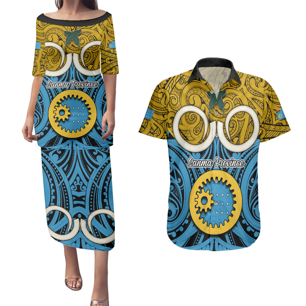Vanuatu Sanma Province Couples Matching Puletasi Dress and Hawaiian Shirt Pig Tusk Mix Maori Pattern and Namele Leaf LT03 Blue - Polynesian Pride