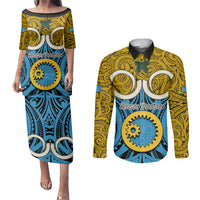 Vanuatu Sanma Province Couples Matching Puletasi Dress and Long Sleeve Button Shirts Pig Tusk Mix Maori Pattern and Namele Leaf LT03 Blue - Polynesian Pride
