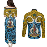 Vanuatu Sanma Province Couples Matching Puletasi Dress and Long Sleeve Button Shirts Pig Tusk Mix Maori Pattern and Namele Leaf LT03 - Polynesian Pride