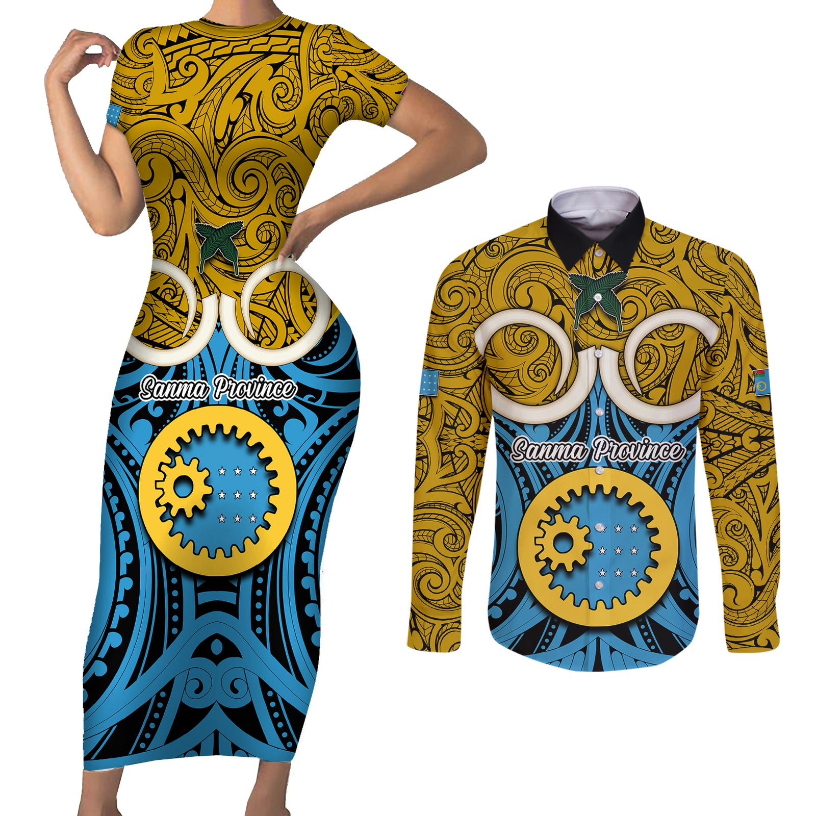Vanuatu Sanma Province Couples Matching Short Sleeve Bodycon Dress and Long Sleeve Button Shirts Pig Tusk Mix Maori Pattern and Namele Leaf LT03 Blue - Polynesian Pride