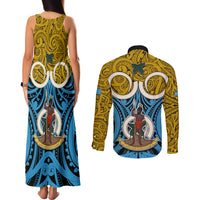 Vanuatu Sanma Province Couples Matching Tank Maxi Dress and Long Sleeve Button Shirts Pig Tusk Mix Maori Pattern and Namele Leaf LT03 - Polynesian Pride