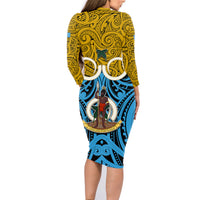 Vanuatu Sanma Province Family Matching Long Sleeve Bodycon Dress and Hawaiian Shirt Pig Tusk Mix Maori Pattern and Namele Leaf LT03 - Polynesian Pride