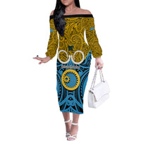 Vanuatu Sanma Province Family Matching Off Shoulder Long Sleeve Dress and Hawaiian Shirt Pig Tusk Mix Maori Pattern and Namele Leaf LT03 Mom's Dress Blue - Polynesian Pride