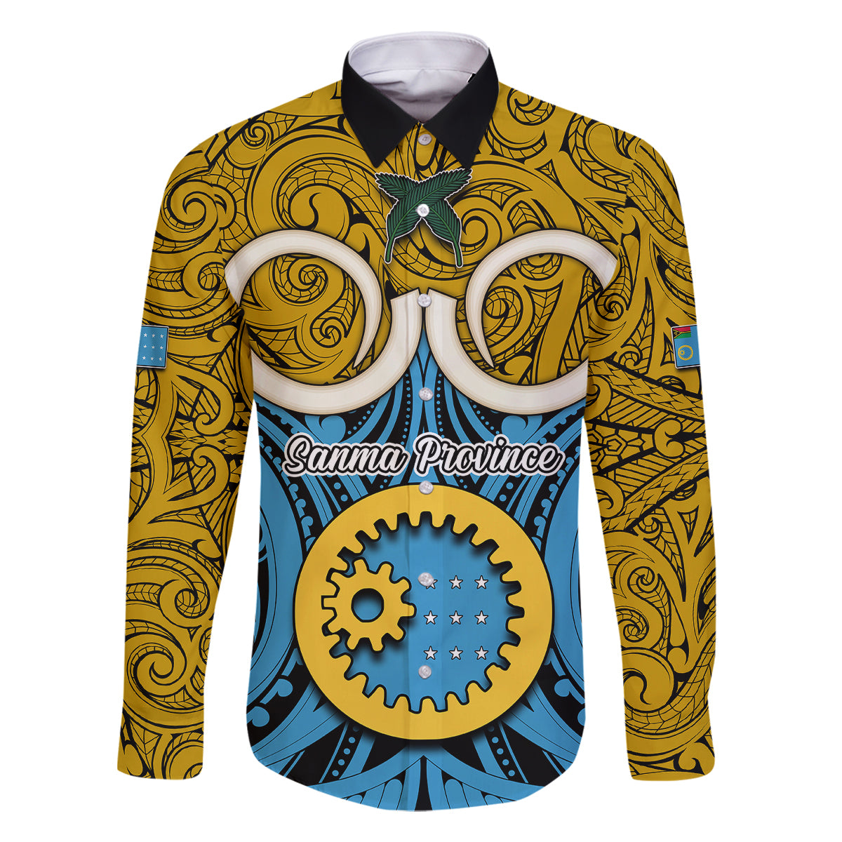 Vanuatu Sanma Province Family Matching Short Sleeve Bodycon Dress and Hawaiian Shirt Pig Tusk Mix Maori Pattern and Namele Leaf LT03 Dad's Shirt - Long Sleeve Blue - Polynesian Pride