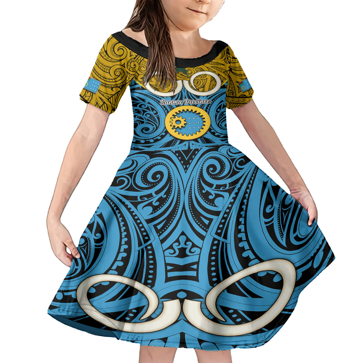 Vanuatu Sanma Province Kid Short Sleeve Dress Pig Tusk Mix Maori Pattern and Namele Leaf LT03 KID Blue - Polynesian Pride