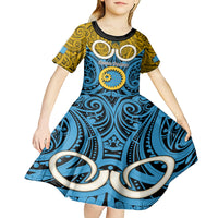 Vanuatu Sanma Province Kid Short Sleeve Dress Pig Tusk Mix Maori Pattern and Namele Leaf LT03 - Polynesian Pride