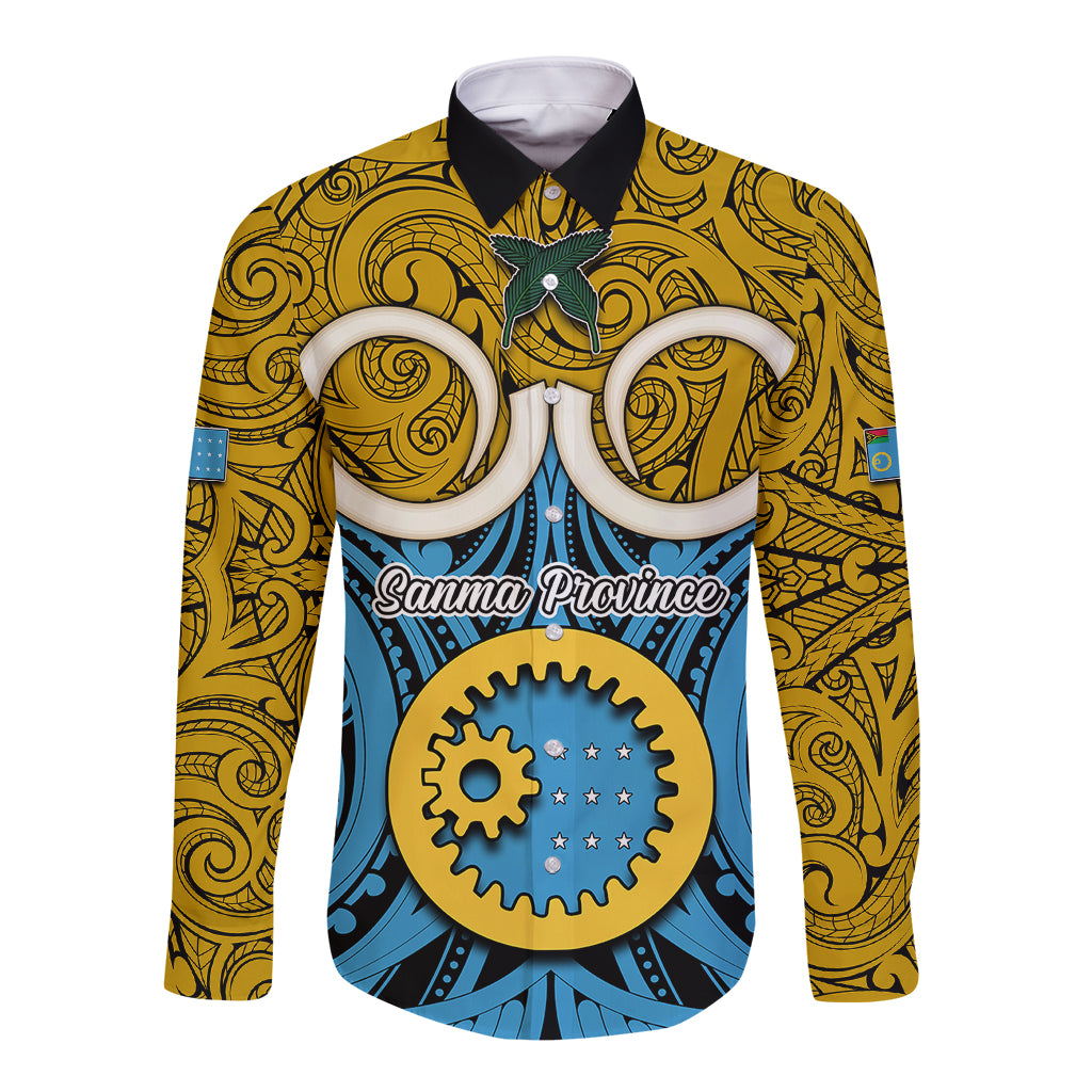 Vanuatu Sanma Province Long Sleeve Button Shirt Pig Tusk Mix Maori Pattern and Namele Leaf LT03 Unisex Blue - Polynesian Pride
