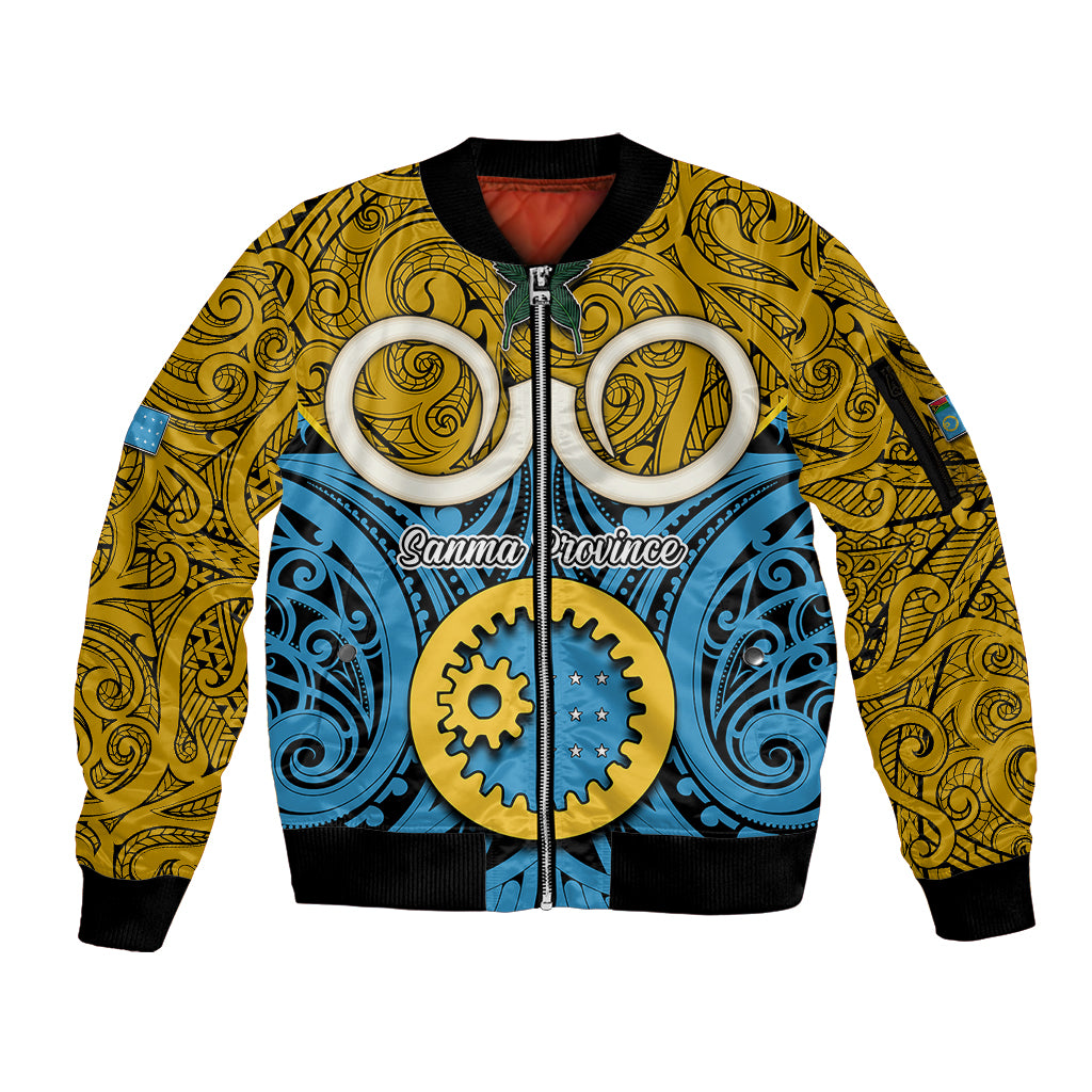 Vanuatu Sanma Province Sleeve Zip Bomber Jacket Pig Tusk Mix Maori Pattern and Namele Leaf LT03 Unisex Blue - Polynesian Pride