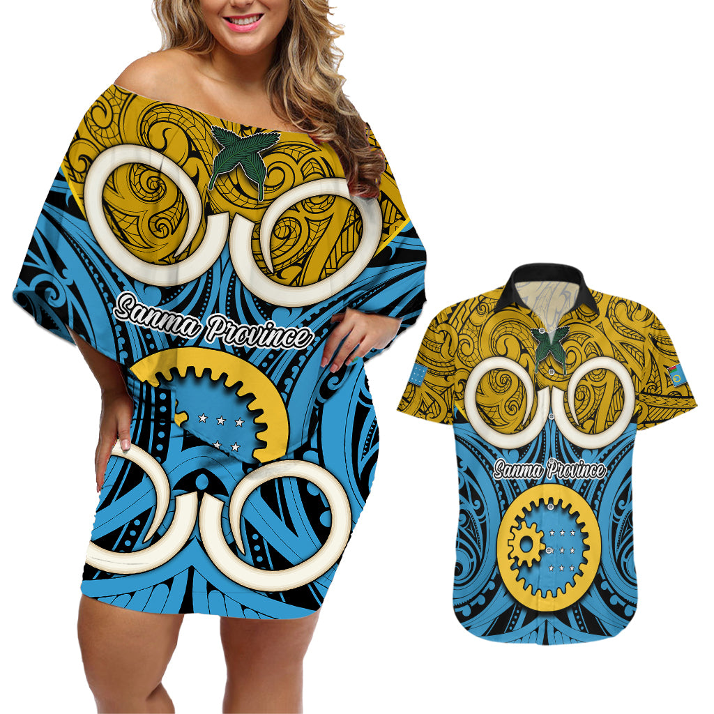 Personalised Vanuatu Sanma Province Couples Matching Off Shoulder Short Dress and Hawaiian Shirt Pig Tusk Mix Maori Pattern and Namele Leaf LT03 Blue - Polynesian Pride