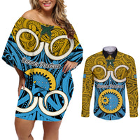 Personalised Vanuatu Sanma Province Couples Matching Off Shoulder Short Dress and Long Sleeve Button Shirts Pig Tusk Mix Maori Pattern and Namele Leaf LT03 Blue - Polynesian Pride