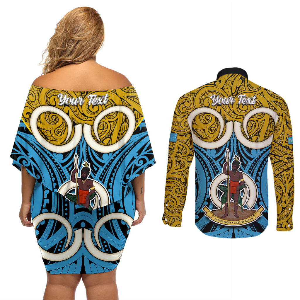 Personalised Vanuatu Sanma Province Couples Matching Off Shoulder Short Dress and Long Sleeve Button Shirts Pig Tusk Mix Maori Pattern and Namele Leaf LT03 - Polynesian Pride