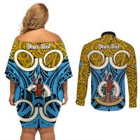 Personalised Vanuatu Sanma Province Couples Matching Off Shoulder Short Dress and Long Sleeve Button Shirts Pig Tusk Mix Maori Pattern and Namele Leaf LT03 - Polynesian Pride