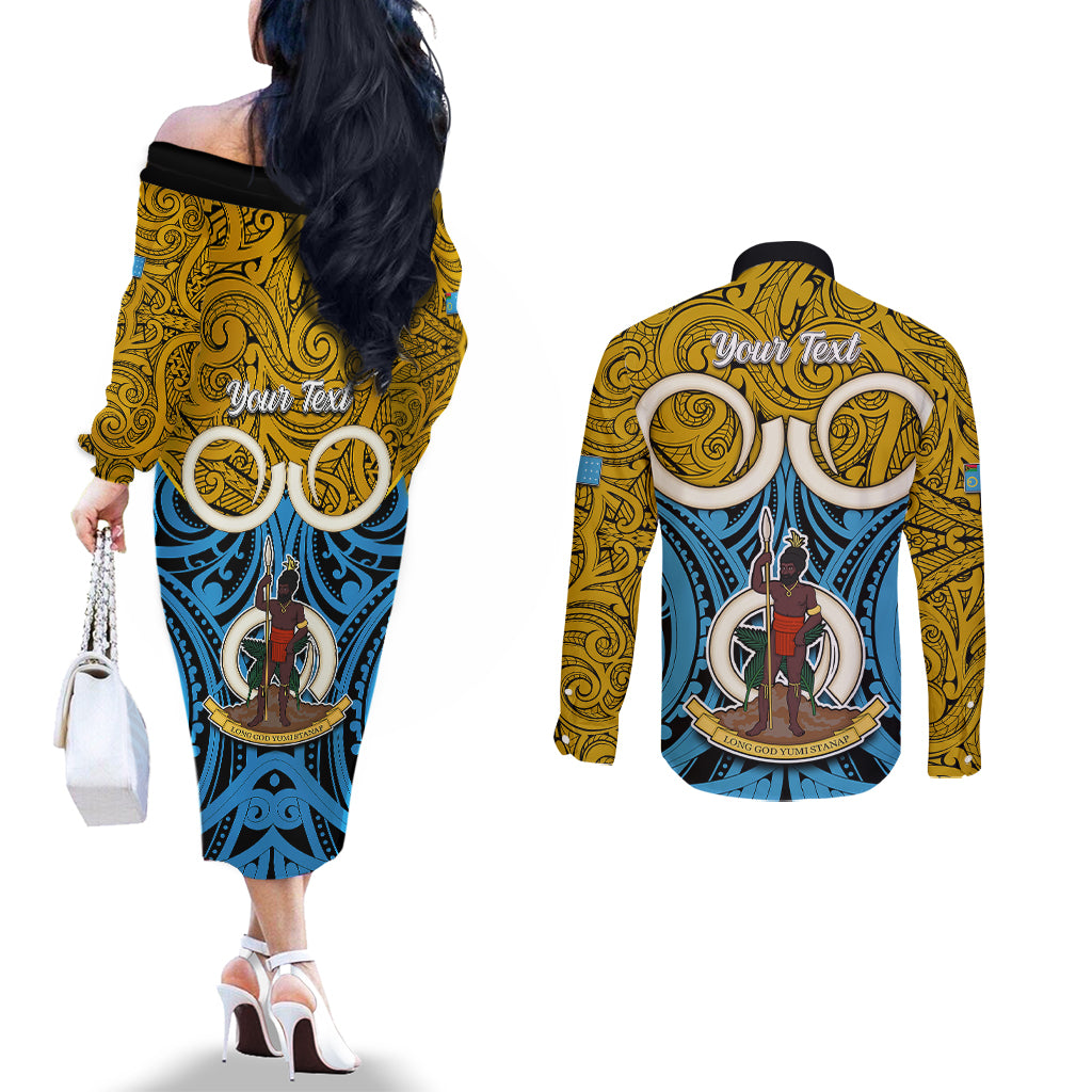 Personalised Vanuatu Sanma Province Couples Matching Off The Shoulder Long Sleeve Dress and Long Sleeve Button Shirts Pig Tusk Mix Maori Pattern and Namele Leaf LT03 - Polynesian Pride