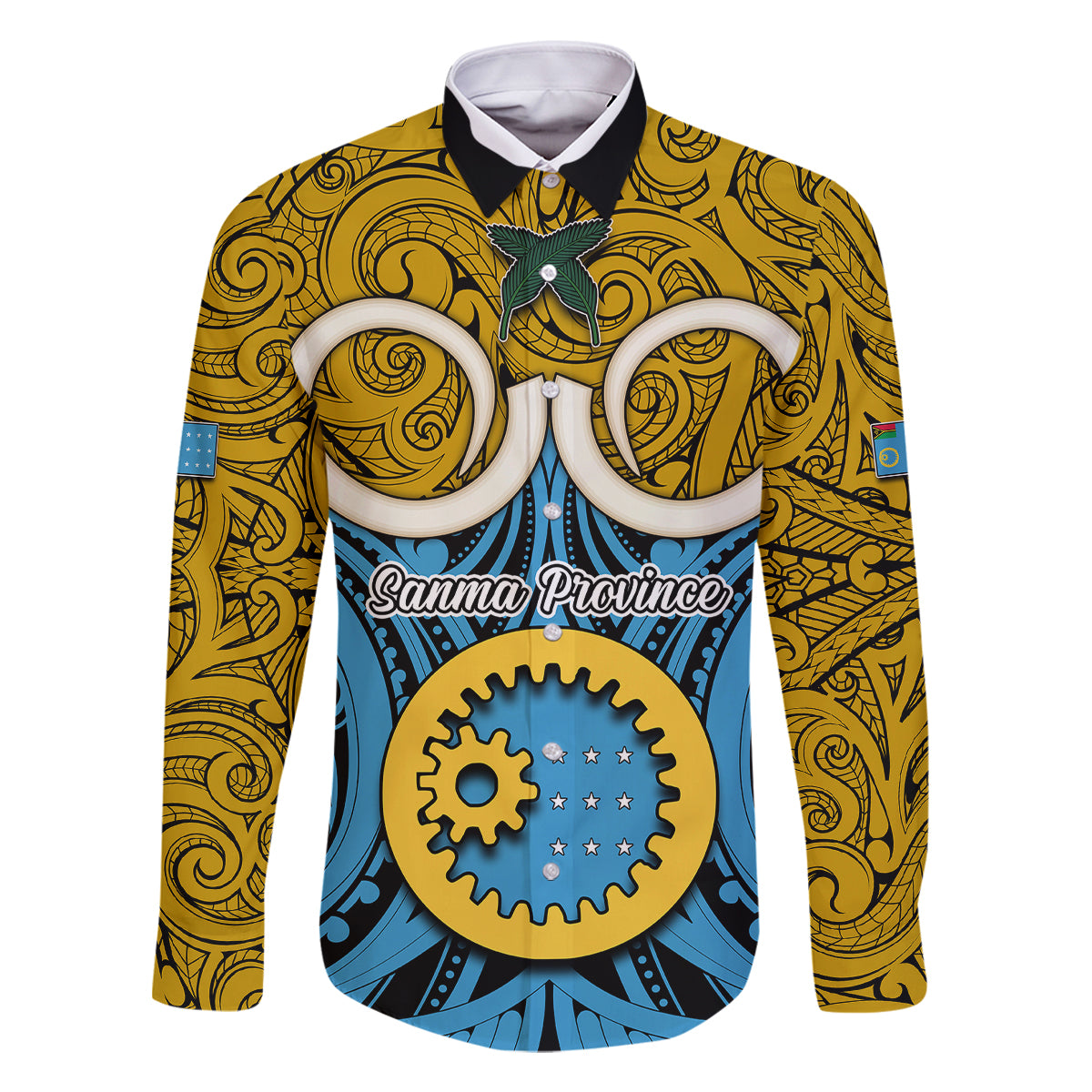 Personalised Vanuatu Sanma Province Family Matching Off Shoulder Short Dress and Hawaiian Shirt Pig Tusk Mix Maori Pattern and Namele Leaf LT03 Dad's Shirt - Long Sleeve Blue - Polynesian Pride
