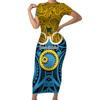 Personalised Vanuatu Sanma Province Family Matching Short Sleeve Bodycon Dress and Hawaiian Shirt Pig Tusk Mix Maori Pattern and Namele Leaf LT03 Mom's Dress Blue - Polynesian Pride