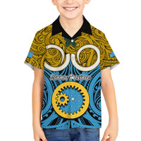 Personalised Vanuatu Sanma Province Family Matching Summer Maxi Dress and Hawaiian Shirt Pig Tusk Mix Maori Pattern and Namele Leaf LT03 Son's Shirt Blue - Polynesian Pride