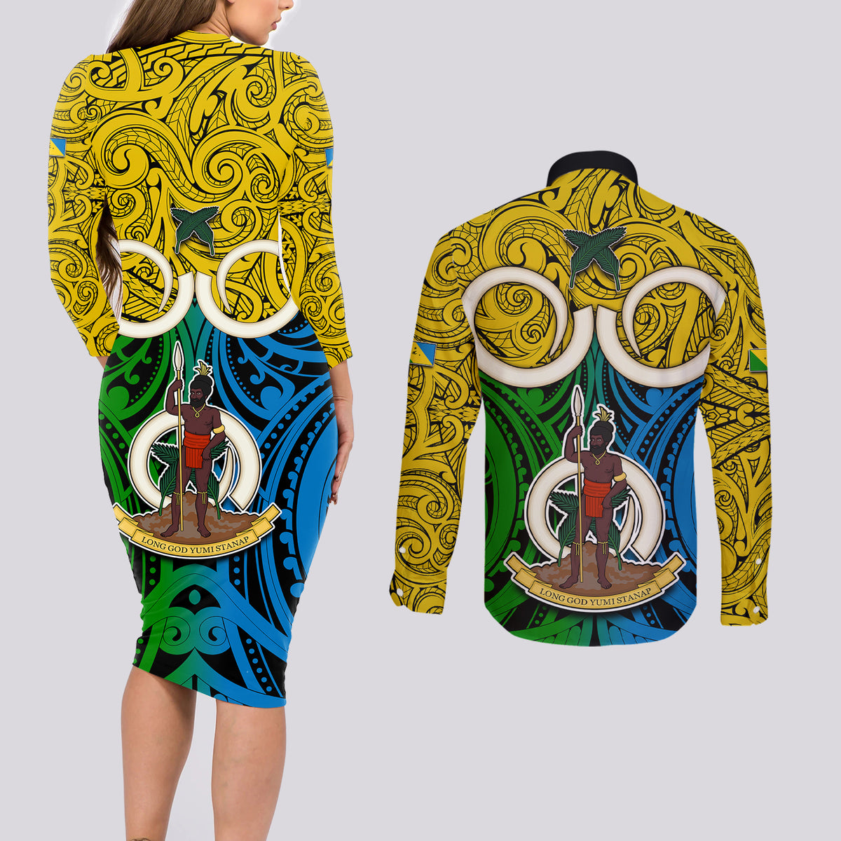 Vanuatu Malampa Province Couples Matching Long Sleeve Bodycon Dress and Long Sleeve Button Shirts Pig Tusk Mix Maori Pattern and Namele Leaf LT03 - Polynesian Pride