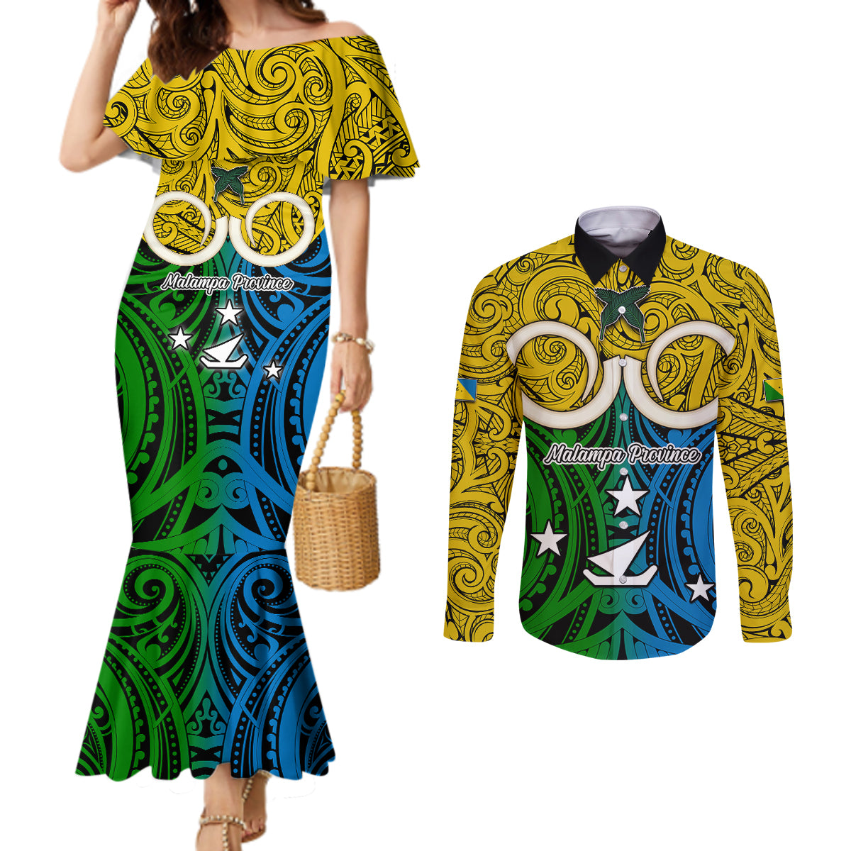 Vanuatu Malampa Province Couples Matching Mermaid Dress and Long Sleeve Button Shirts Pig Tusk Mix Maori Pattern and Namele Leaf LT03 Yellow - Polynesian Pride