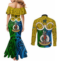 Vanuatu Malampa Province Couples Matching Mermaid Dress and Long Sleeve Button Shirts Pig Tusk Mix Maori Pattern and Namele Leaf LT03 - Polynesian Pride