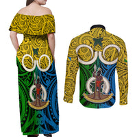 Vanuatu Malampa Province Couples Matching Off Shoulder Maxi Dress and Long Sleeve Button Shirts Pig Tusk Mix Maori Pattern and Namele Leaf LT03 - Polynesian Pride