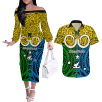 Vanuatu Malampa Province Couples Matching Off The Shoulder Long Sleeve Dress and Hawaiian Shirt Pig Tusk Mix Maori Pattern and Namele Leaf LT03 Yellow - Polynesian Pride