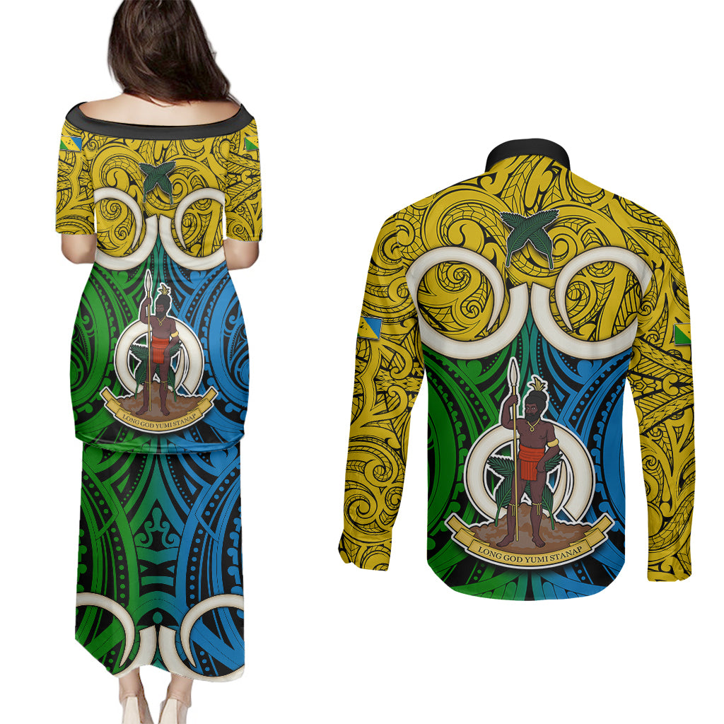 Vanuatu Malampa Province Couples Matching Puletasi Dress and Long Sleeve Button Shirts Pig Tusk Mix Maori Pattern and Namele Leaf LT03 - Polynesian Pride