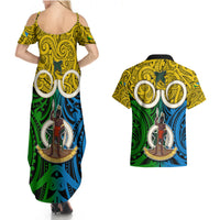 Vanuatu Malampa Province Couples Matching Summer Maxi Dress and Hawaiian Shirt Pig Tusk Mix Maori Pattern and Namele Leaf LT03 - Polynesian Pride