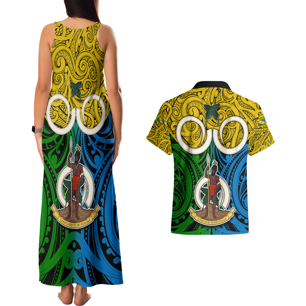 Vanuatu Malampa Province Couples Matching Tank Maxi Dress and Hawaiian Shirt Pig Tusk Mix Maori Pattern and Namele Leaf LT03 - Polynesian Pride