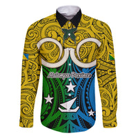 Vanuatu Malampa Province Family Matching Puletasi Dress and Hawaiian Shirt Pig Tusk Mix Maori Pattern and Namele Leaf LT03 Dad's Shirt - Long Sleeve Yellow - Polynesian Pride