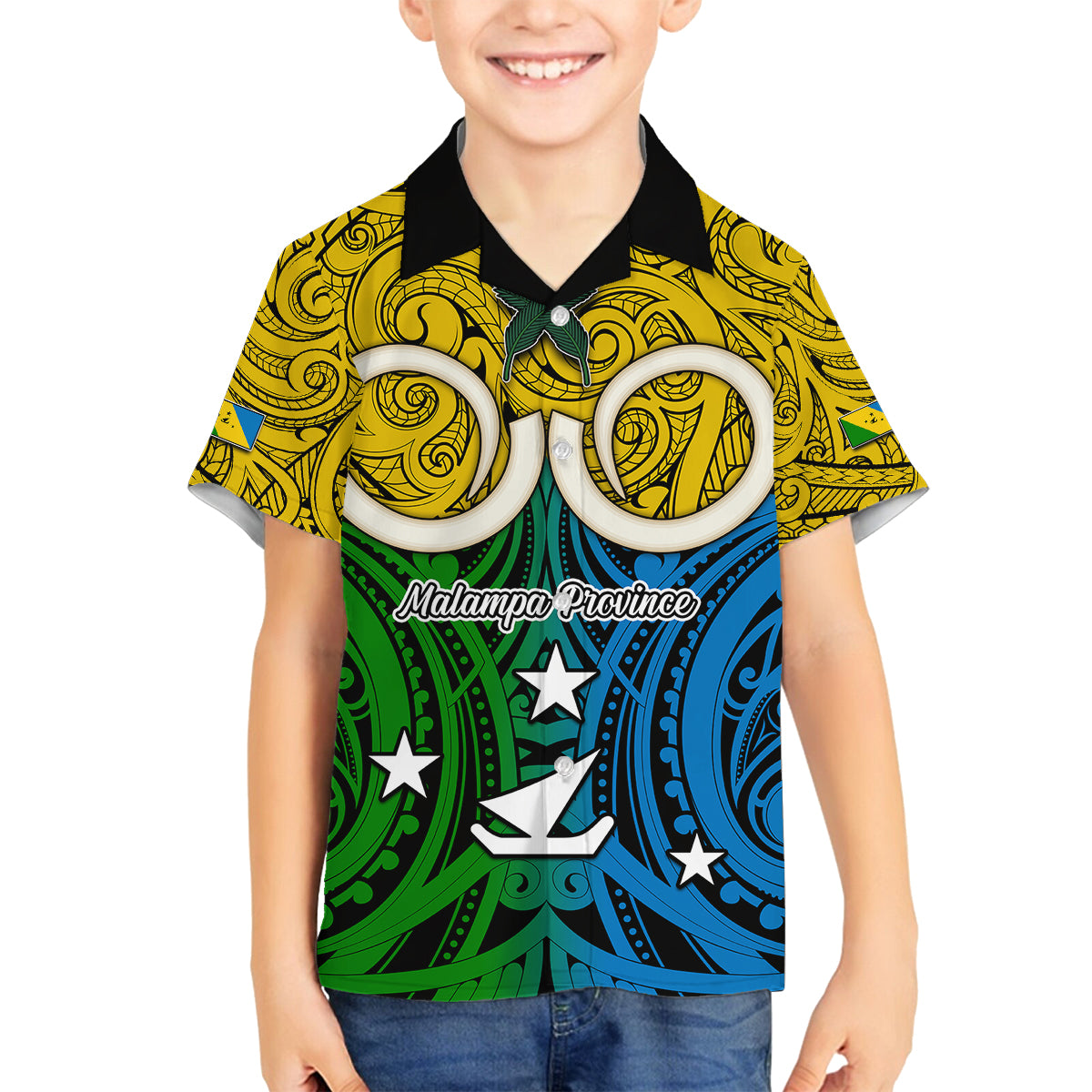 Vanuatu Malampa Province Family Matching Summer Maxi Dress and Hawaiian Shirt Pig Tusk Mix Maori Pattern and Namele Leaf LT03 Son's Shirt Yellow - Polynesian Pride