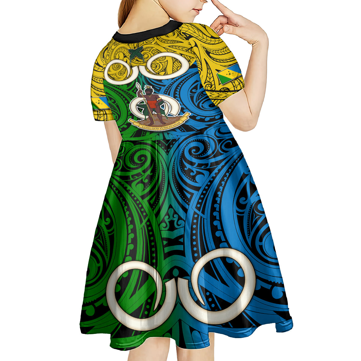 Vanuatu Malampa Province Kid Short Sleeve Dress Pig Tusk Mix Maori Pattern and Namele Leaf LT03 - Polynesian Pride