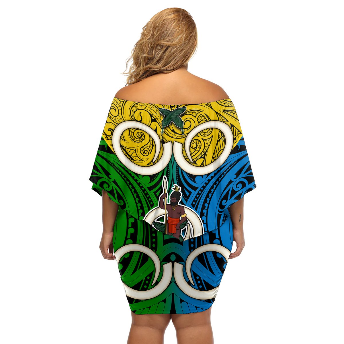 Vanuatu Malampa Province Off Shoulder Short Dress Pig Tusk Mix Maori Pattern and Namele Leaf LT03 - Polynesian Pride