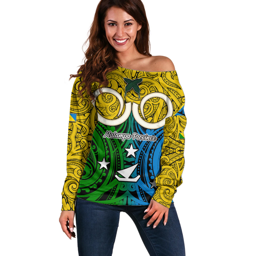 Vanuatu Malampa Province Off Shoulder Sweater Pig Tusk Mix Maori Pattern and Namele Leaf LT03 Women Yellow - Polynesian Pride