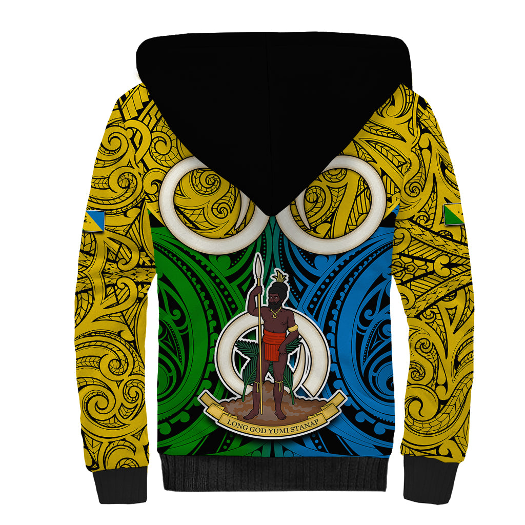 Vanuatu Malampa Province Sherpa Hoodie Pig Tusk Mix Maori Pattern and Namele Leaf LT03 - Polynesian Pride